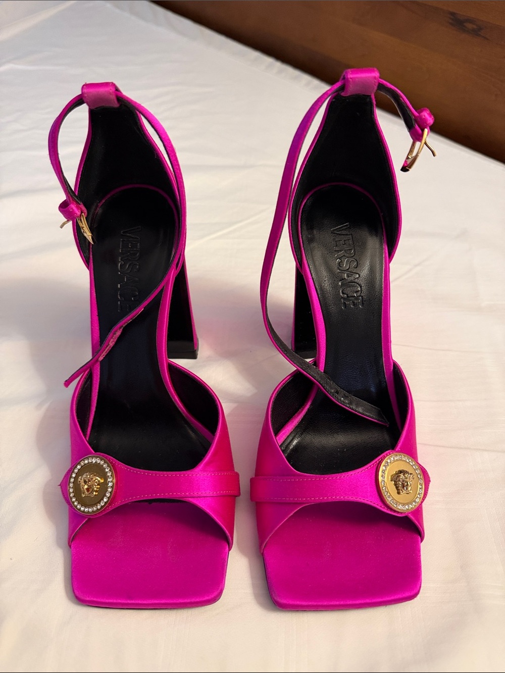 Versace Hot Pink Ankle-Strap Medusa High Heel Sandals